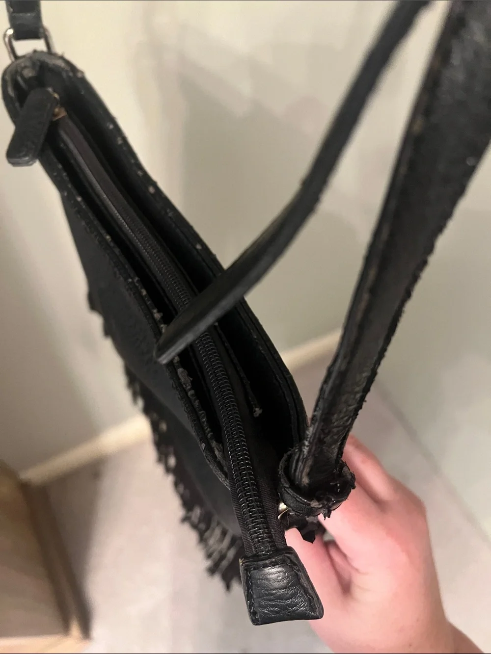 Black Fringe Crossbody Bag with Adjustable Strap